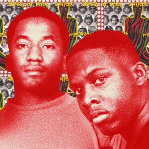 Photo illustration of A Tribe Called Quest on top of their album cover for Midnight Marauders