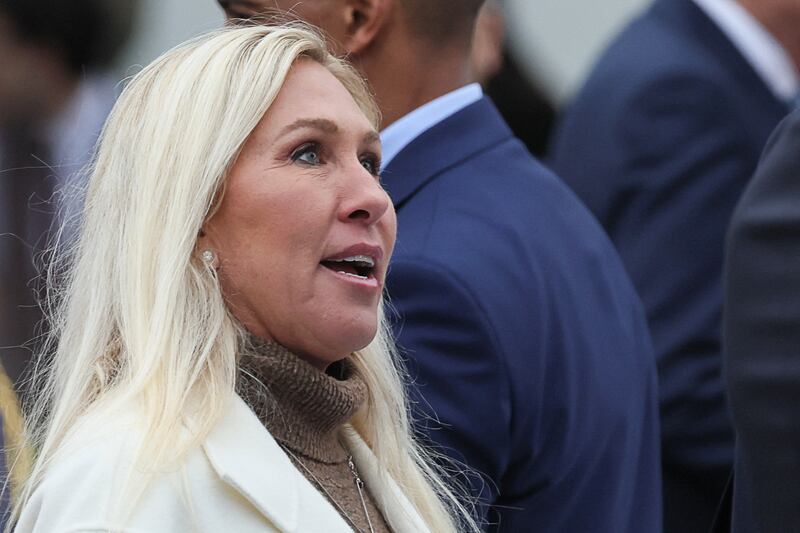 U.S. Rep. Marjorie Taylor Greene (R-GA) looks on ahead of President Donald Trump delivering remarks on tariffs in the Rose Garden at the White House on April 2.