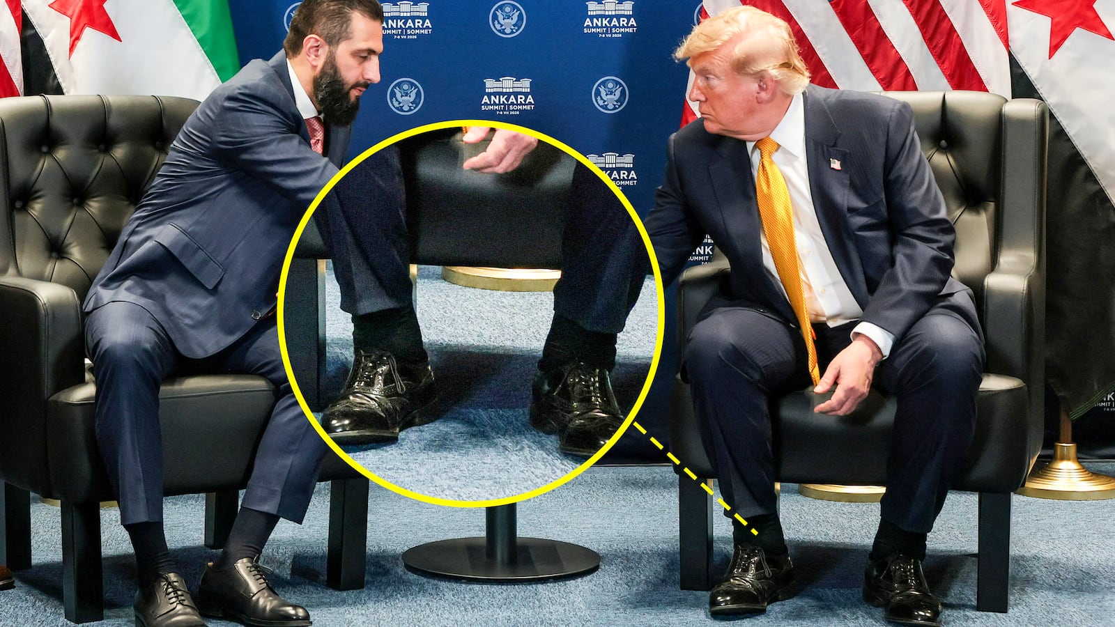 Highlighting Trump's cankles during a meeting with Syrian President Ahmed al-Sharaa during a bilateral meeting alongside the NATO leaders summit at the Bestepe Presidential Compound in Ankara, Turkey, July 8, 2026.