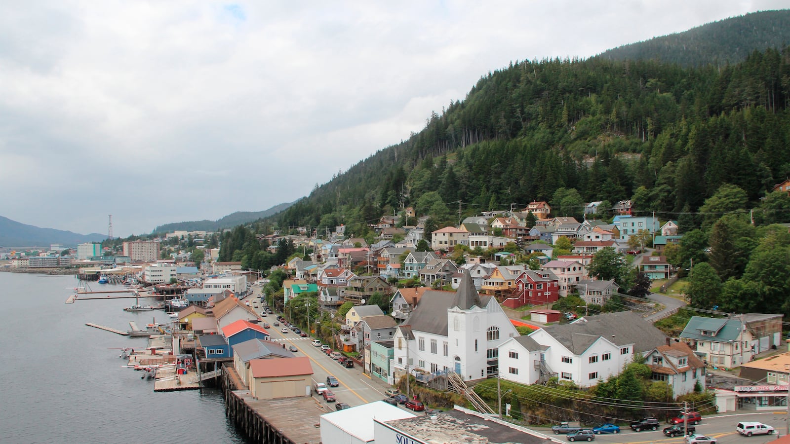 Ketchikan, Alaska, city view from bay, overcast weather.