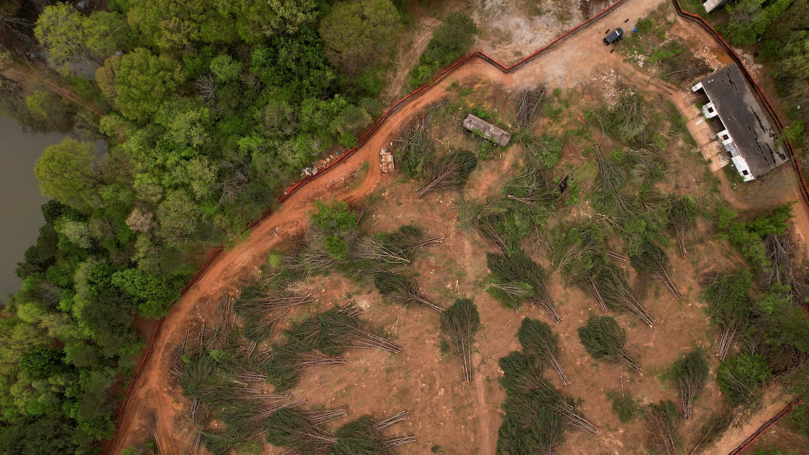 An aerial view of the planed site of a controversial \"Cop City\" project as the clear cutting of trees begins near Atlanta.
