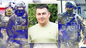 A photo illustration of Dmytro Kulyk, center, ICE agents, left, and a Russian military police officer in Kurakhove, Russian-controlled Donetsk region of Ukrainea