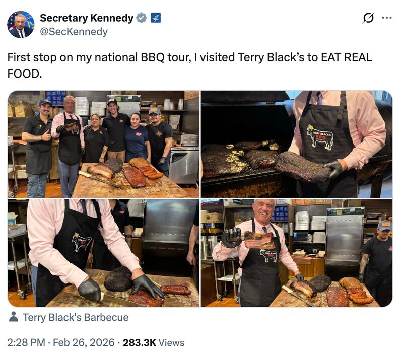 Robert F. Kennedy was compared to Guy Fieri when he posted four photos of himself posing with Texas BBQ on Thursday.