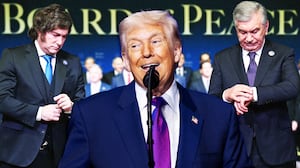 A photo illustration of Javier Milei, Donald Trump, and Viktor Orbán at the meeting of the Board of Peace.