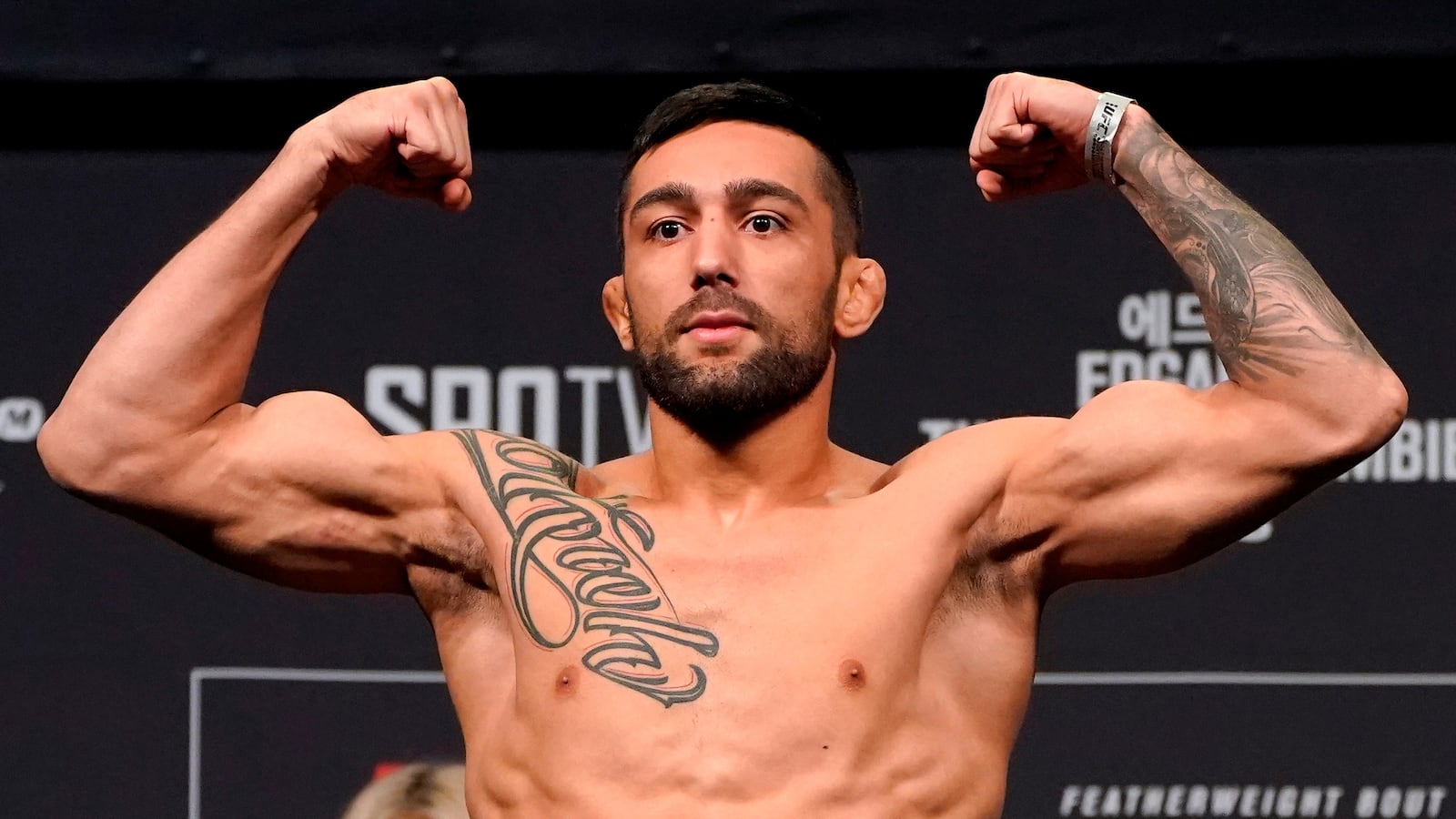 BUSAN, SOUTH KOREA - DECEMBER 20: Suman Mokhtarian of Australia poses on the scale during the UFC fight night weigh-in at Sajik Arena on December 20, 2019 in Busan, South Korea.