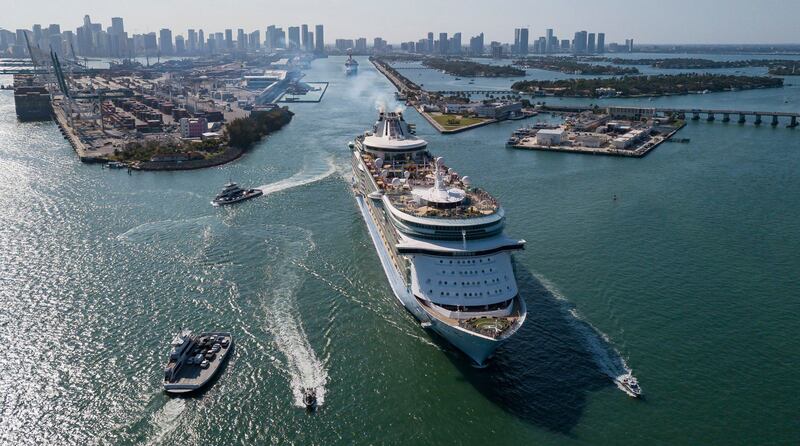 A Royal Caribbean ship leaves PortMiami on Friday, April 12, 2024.