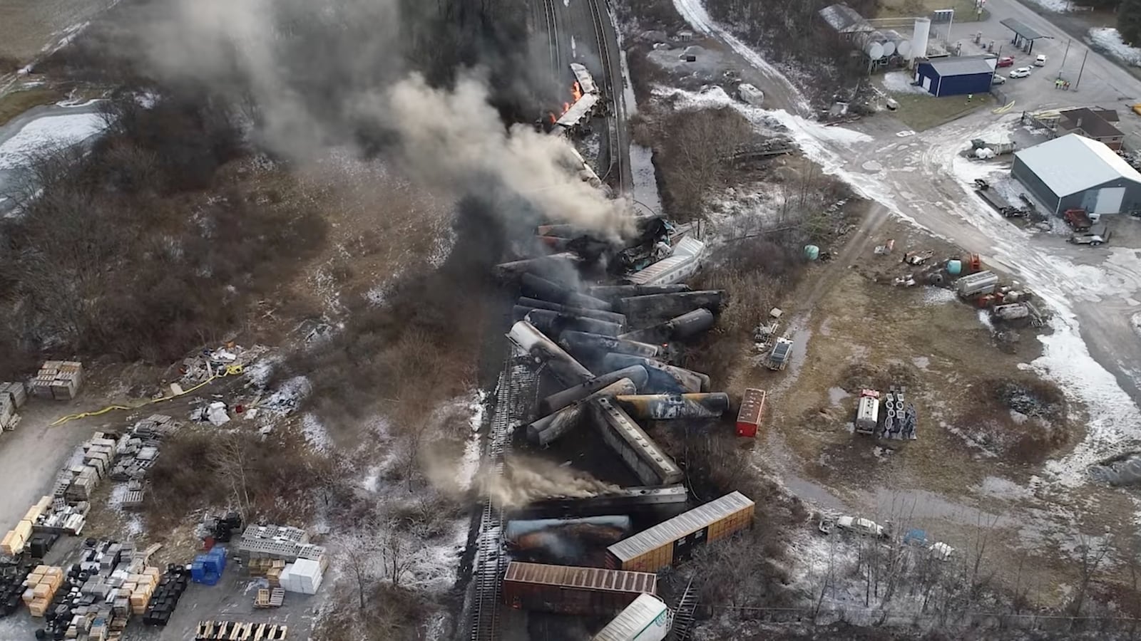 Drone footage shows the freight train derailment in East Palestine, Ohio, Feb. 6, 2023, in this screengrab obtained from a handout video released by the NTSB.