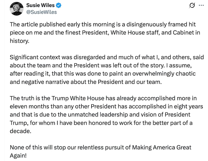 Susie Wiles scrambles after damaging interview last year with Vanity Fair.