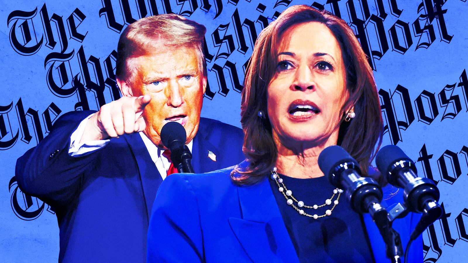 A photo illustration of Donald Trump, Kamala Harris, and The Washington Post logo.