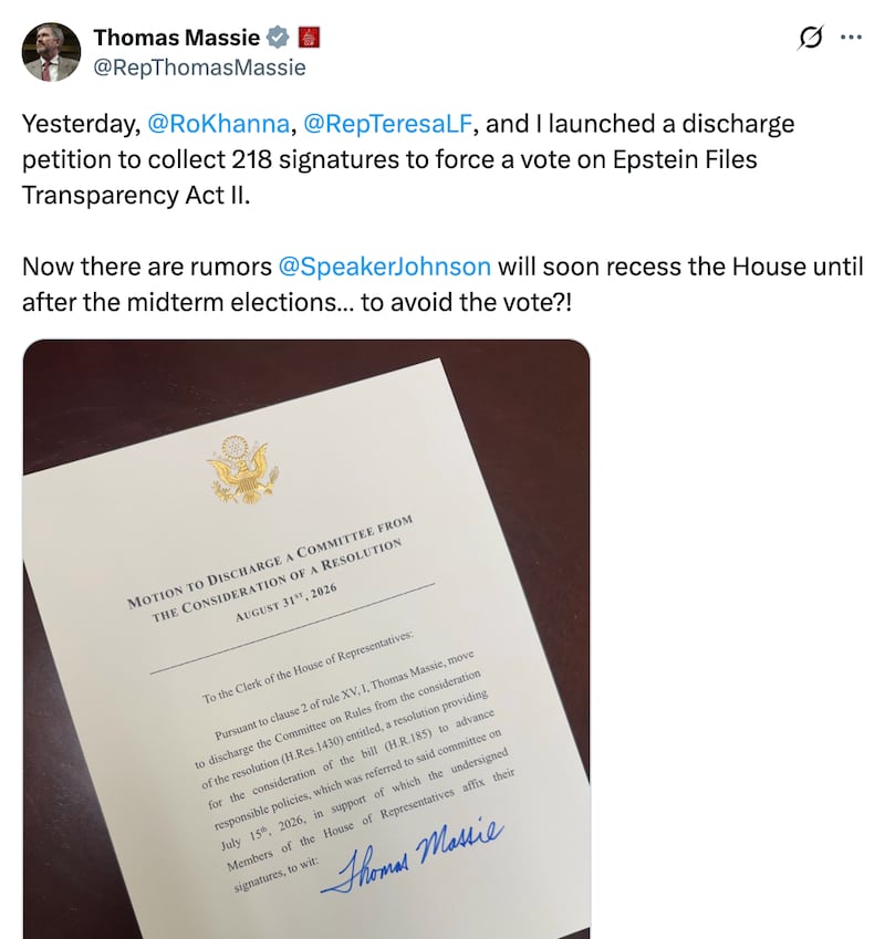 Massie accused Johnson of preparing to cancel work days on Sept 1.