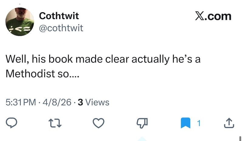 One person poked fun at Vance's previous blunder—his forthcoming memoir about becoming a Catholic that features a United Methodist church on its cover.