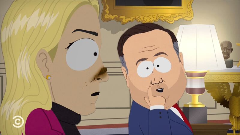 South Park episode showing Pam Bondi with feces on her nose.