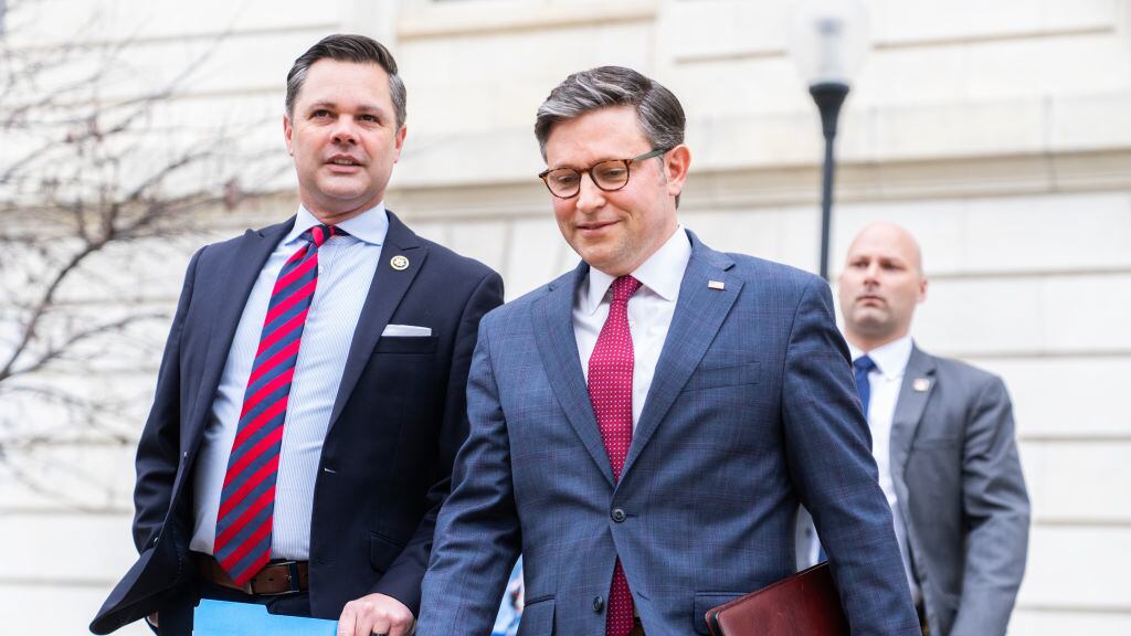 Speaker of the House Mike Johnson, R-La., right, and Rep. Zach Nunn, R-Iowa, leave a news conference with members of the House Republican Conference in Cannon building on Wednesday, March 6, 2024