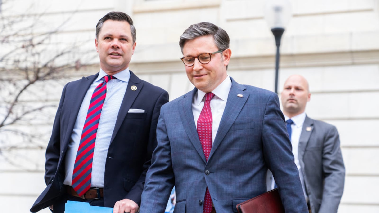 Speaker of the House Mike Johnson, R-La., right, and Rep. Zach Nunn, R-Iowa, leave a news conference with members of the House Republican Conference in Cannon building on Wednesday, March 6, 2024