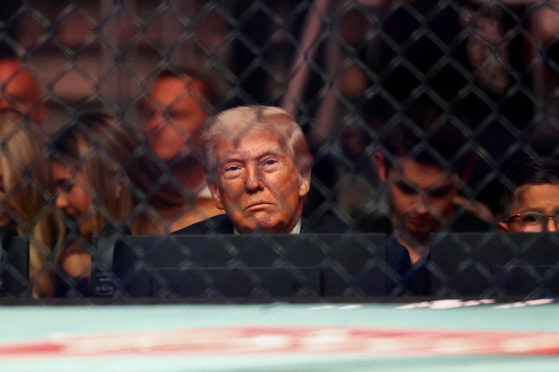 President Donald Trump sat front-and-center at a UFC fight in Miami while Vice President JD Vance led peace negotiations in Islamabad, Pakistan.