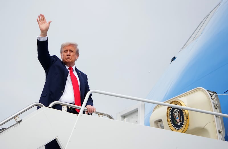 President Donald Trump boards Air Force One on August 15, 2025 in Anchorage, Alaska. Trump met with Russian President Vladimir Putin for peace talks aimed at ending the war in Ukraine.