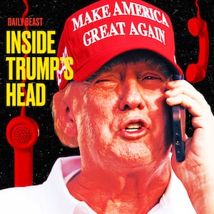 A photo illustration of Donald Trump on the phone surrounded by phones for Inside Trump's Head podcast.