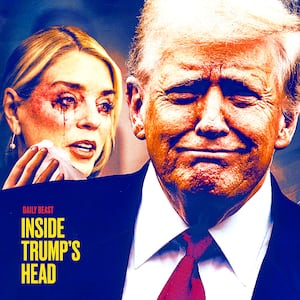 Donald Trump smiles as Pam Bondi and Kristi Noem cry.