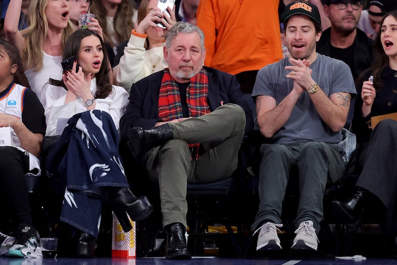 Dec 11, 2024; New York, New York, USA; New York Knicks executive chairman James Dolan sits court side during the second quarter against the Atlanta Hawks at Madison Square Garden. Mandatory Credit: Brad Penner-Imagn Images