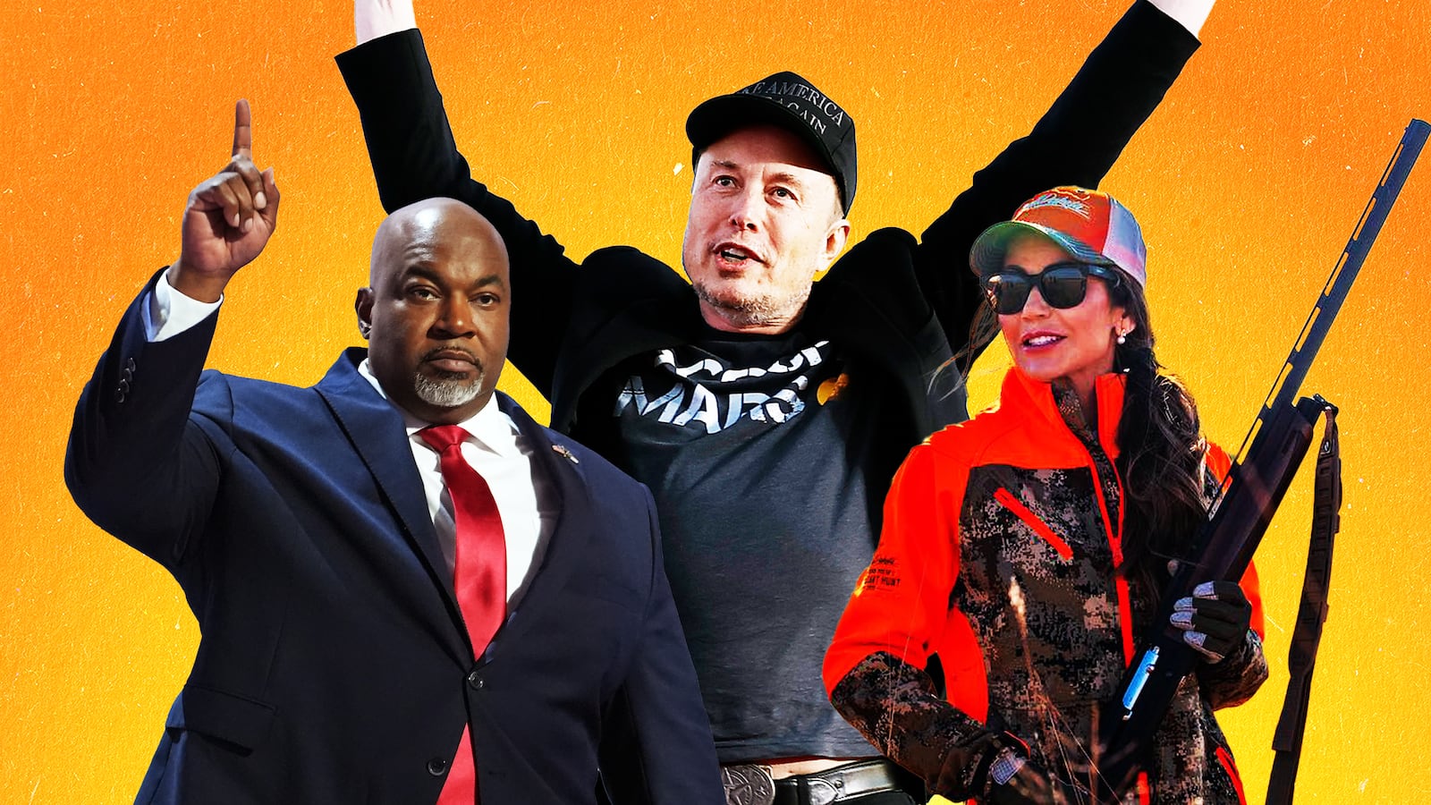 Mark Robinson, Elon Musk, Krisit Noem illustration