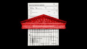 A photo illustration of the Supreme Court and shredding a Virginia voter registration application.