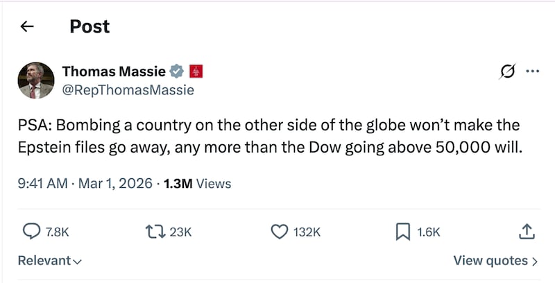 Rep. Thomas Massie vowed he won't be distracted from Jeffrey Epstein.