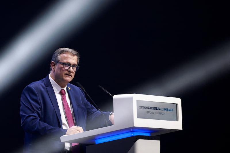 Louis Aliot, Mayor of Perpignan and candidate of the Rassemblement National (National Rally - RN) party for the 2026 mayoral election, delivers a speech during a campaign rally as part of the mayoral election campaign, in Perpignan, southern France, February 28, 2026. REUTERS/Manon Cruz