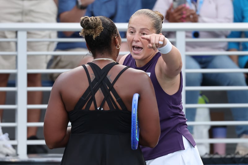NEW YORK, NEW YORK - AUGUST 27: Jelena Ostapenko of Latvia (R) argues with Taylor Townsend of the United States (L) following their Women's Singles Second Round match on Day Four of the 2025 US Open at USTA Billie Jean King National Tennis Center on August 27, 2025 in the Flushing neighborhood of the Queens borough of New York City.