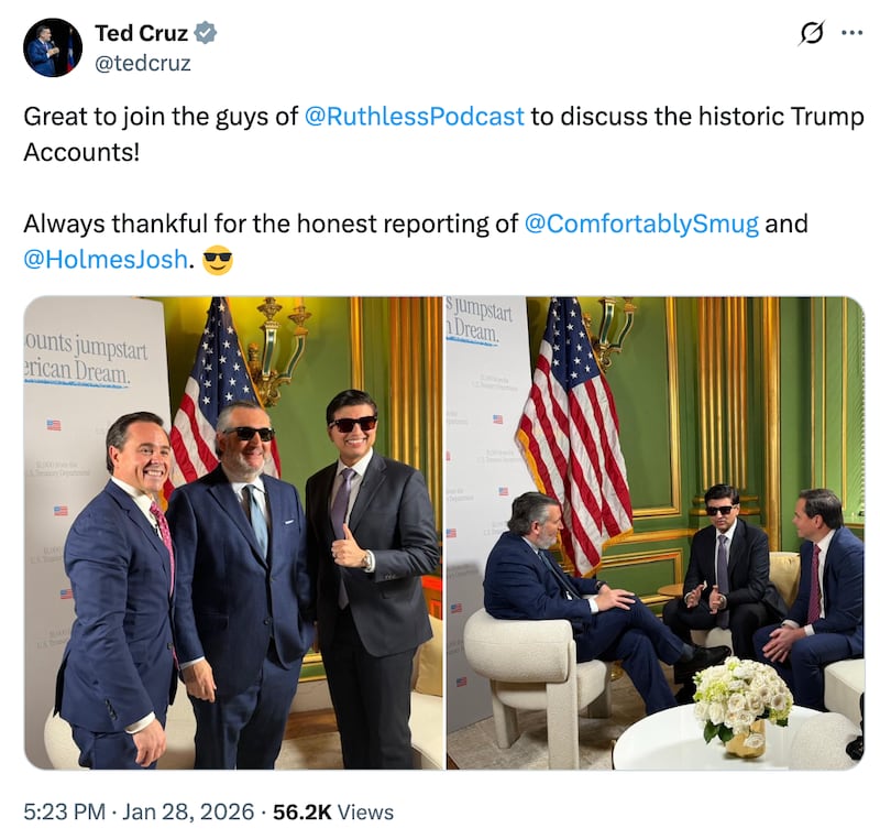 A screenshot from Senator Ted Cruz's personal X account, showing him posing indoors wearing sunglasses with podcasters.