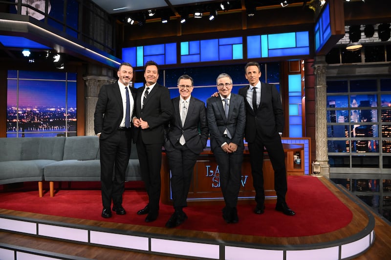 Stephen Colbert and guests Jimmy Kimmel, Jimmy Fallon, John Oliver, and Seth Meyers