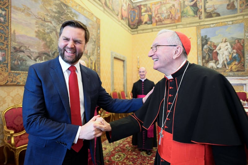 U.S. Vice President JD Vance and the Vatican's Secretary of State Cardinal Pietro Parolin meet at the Vatican, April 19, 2025.    Vatican Media/­Handout via REUTERS    ATTENTION EDITORS - THIS IMAGE WAS PROVIDED BY A THIRD PARTY.