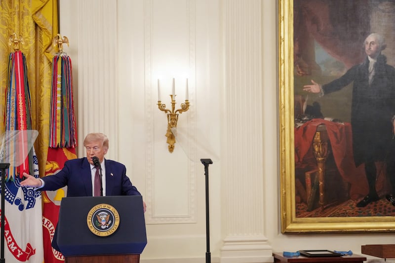 U.S. President Donald Trump speaks during a Medal of Honor ceremony at the White House in Washington, D.C., U.S., June 18, 2026.