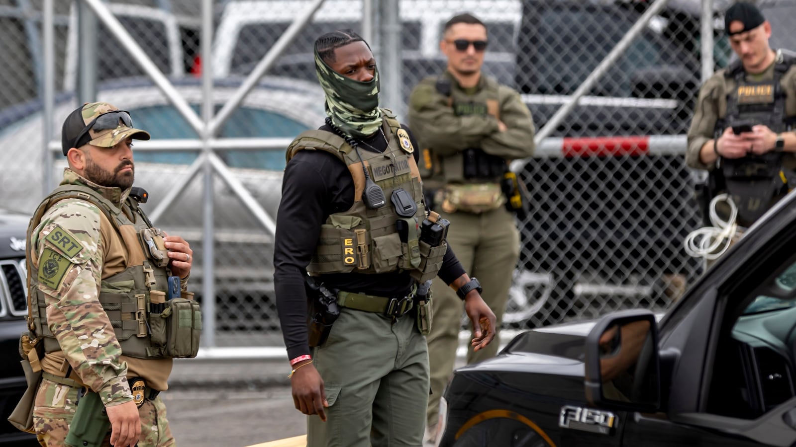 NEW YORK CITY, NEW YORK, UNITED STATES - 2025/05/13: Police stand guard as faith groups continue to protest at the entrance to the ICE Delaney Hall Detention Center in New Jersey, calling for immigration reform and the release of detainees. The detention center came into sharp criticism after the arrest of City of Newark Mayor Ras Baraka earlier this month. (Photo by Michael Nigro/Pacific Press/LightRocket via Getty Images)