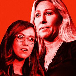 An illustration including photos of Marjorie Taylor Greene and Lauren Boebert