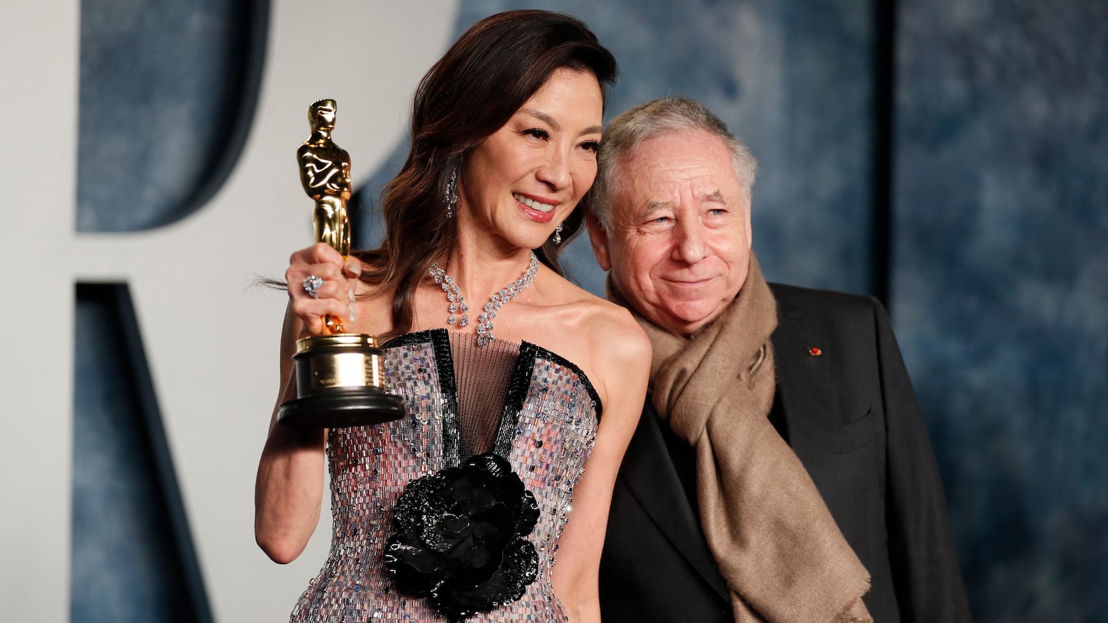 Michelle Yeoh and Jean Todt arrive at the Vanity Fair Oscar party after the 95th Academy Awards, known as the Oscars, in Beverly Hills, California, March 13, 2023.