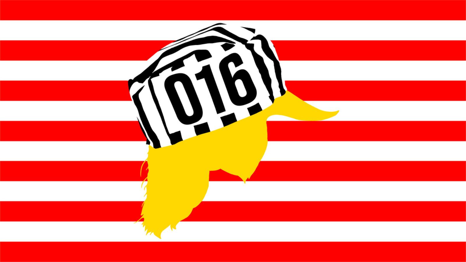 Illustration of Donald Trump’s yellow hair wearing a black and white stripe prison hat, on a background of red and white stripes.