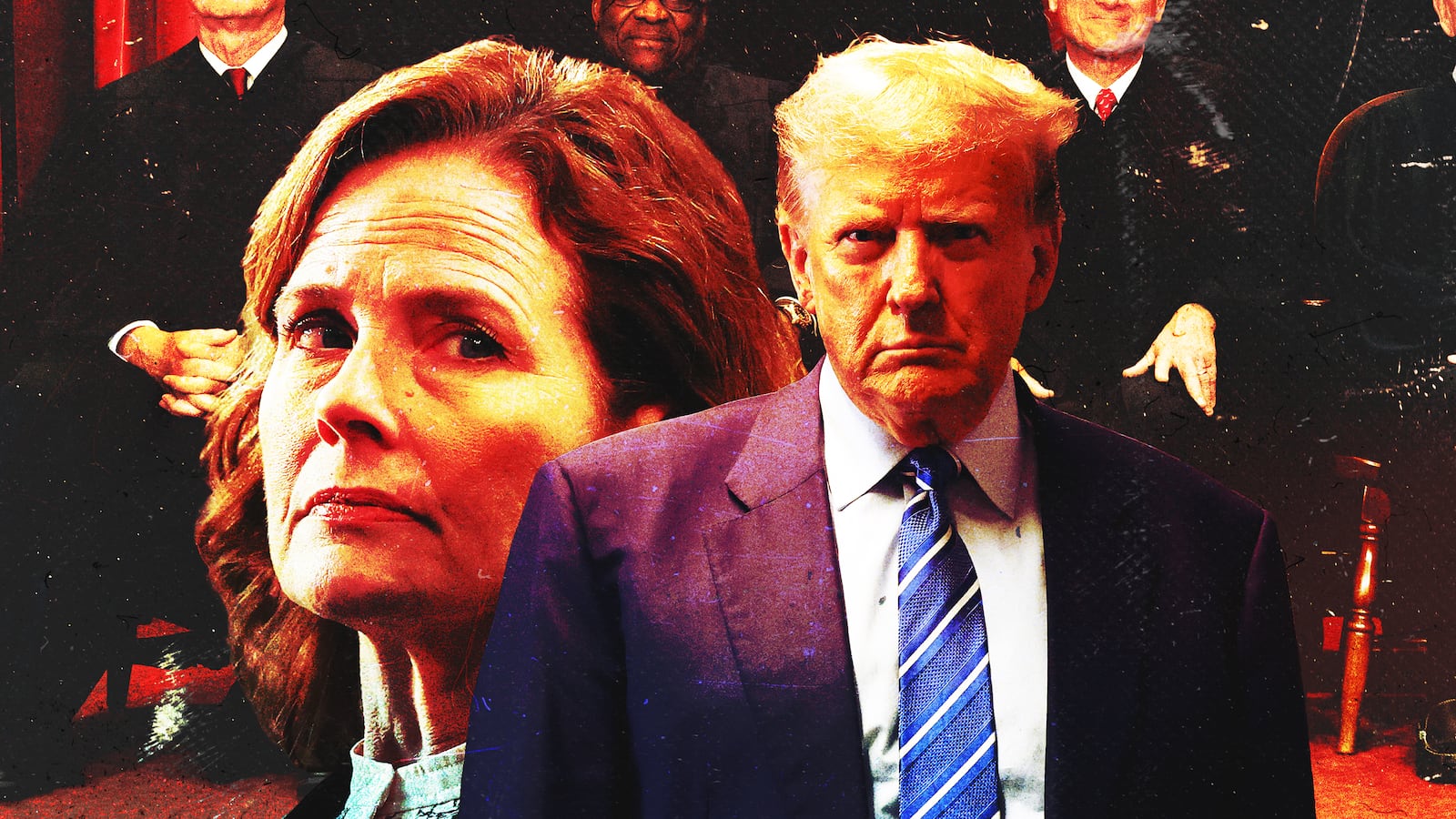 A photo illustration of Supreme Court justice Amy Coney Barrett and President Donald Trump.