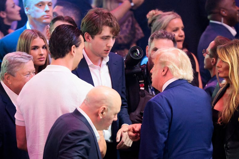Trump talks to Barron and former soccer player Zlatan Ibrahimovic during UFC Freedom 250 on the South Lawn.