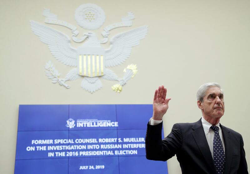 Former Special Counsel Robert Mueller is sworn in before the House Intelligence Committee about his report on Russian interference in the 2016 presidential election in the Rayburn House Office Building July 24, 2019 in Washington, DC. Mueller testified earlier in the day before the House Judiciary Committee in back-to-back hearings on Capitol Hill.  (Photo by Alex Wong/Getty Images)
