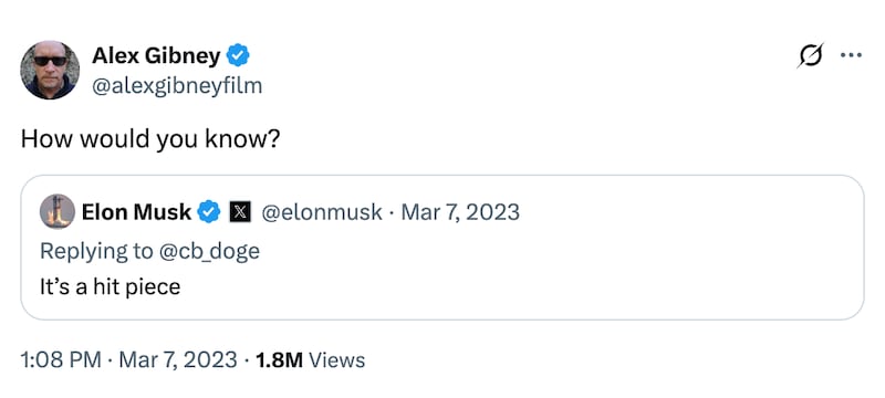 Gibney responded to Musk's 2023 claim about the film.