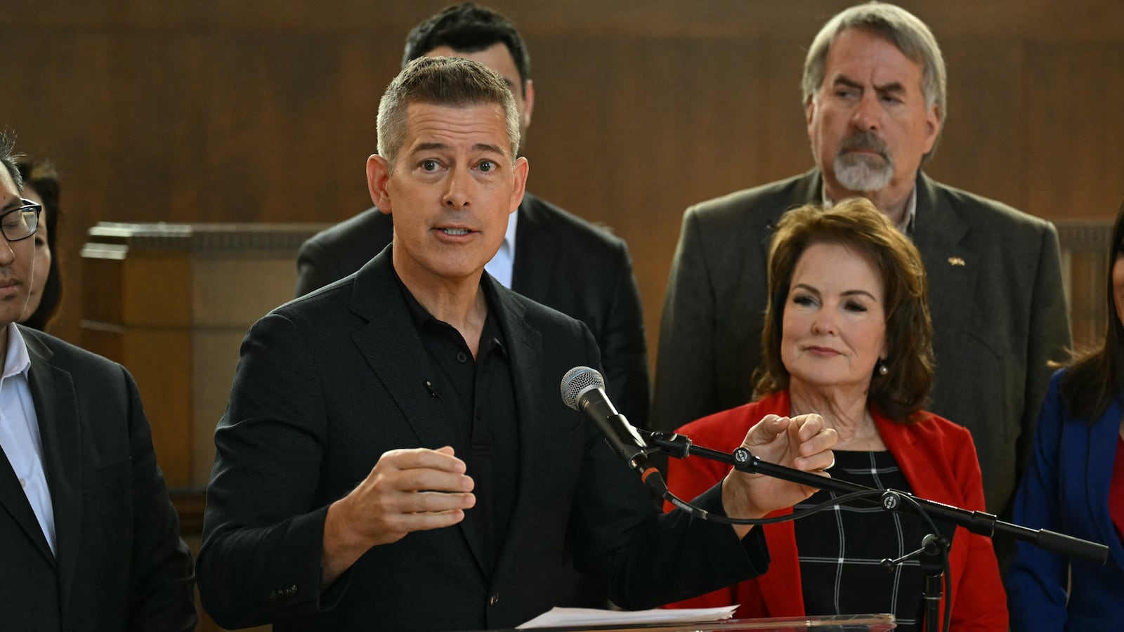 US Secretary of Transportation Sean Duffy speaks during a press conference at Union Station in downtown Los Angeles on February 20, 2025.