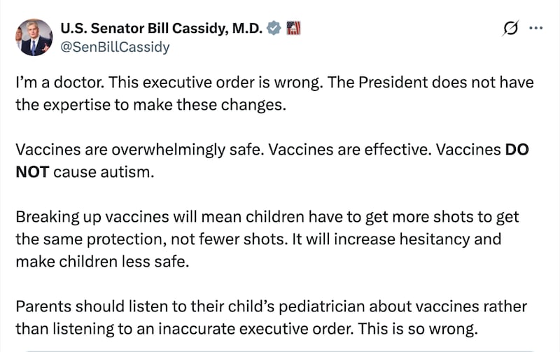 Sen. Bill Cassidy, a physician, blasts the Trump administration's effort to change the childhood vaccine schedule after he confirmed the president's top health officials despite their anti-vaccine pasts.