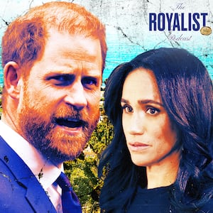 A photo illustration of Prince Harry and Meghan Markle for The Royalist podcast.