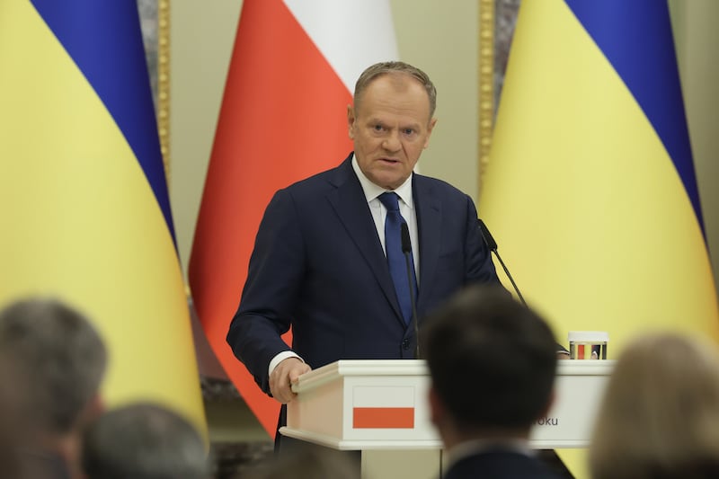 KYIV, UKRAINE - FEBRUARY 5: Donald Tusk, Prime Minister of Poland, during a briefing with Volodymyr Zelenskyy, President of Ukraine, on February 5, 2026 in Kyiv, Ukraine. Polish Prime Minister Donald Tusk arrived in Ukraine on an official visit. He met with Ukrainian President Volodymyr Zelenskyy in Kyiv. Both leaders held a joint briefing. (Photo by Viktor Kovalchuk/Global Images Ukraine via Getty Images)