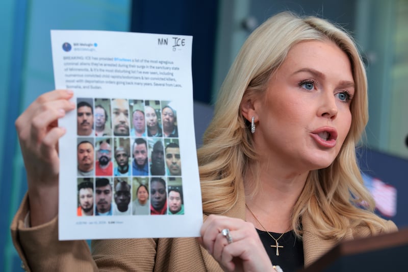 White House Press Secretary Karoline Leavitt displays a printed social media post by FOX News correspondent Bill Melugin of what they say are "illegal alien criminals" targeted by ICE in Minnesota during a news briefing in the James S. Brady Press Briefing Room of the White House on January 15, 2026 in Washington, DC.