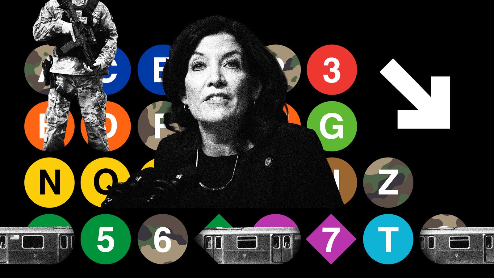Photo illustration of Kathy Hochul on a New York City subway circle map with an armed soldier