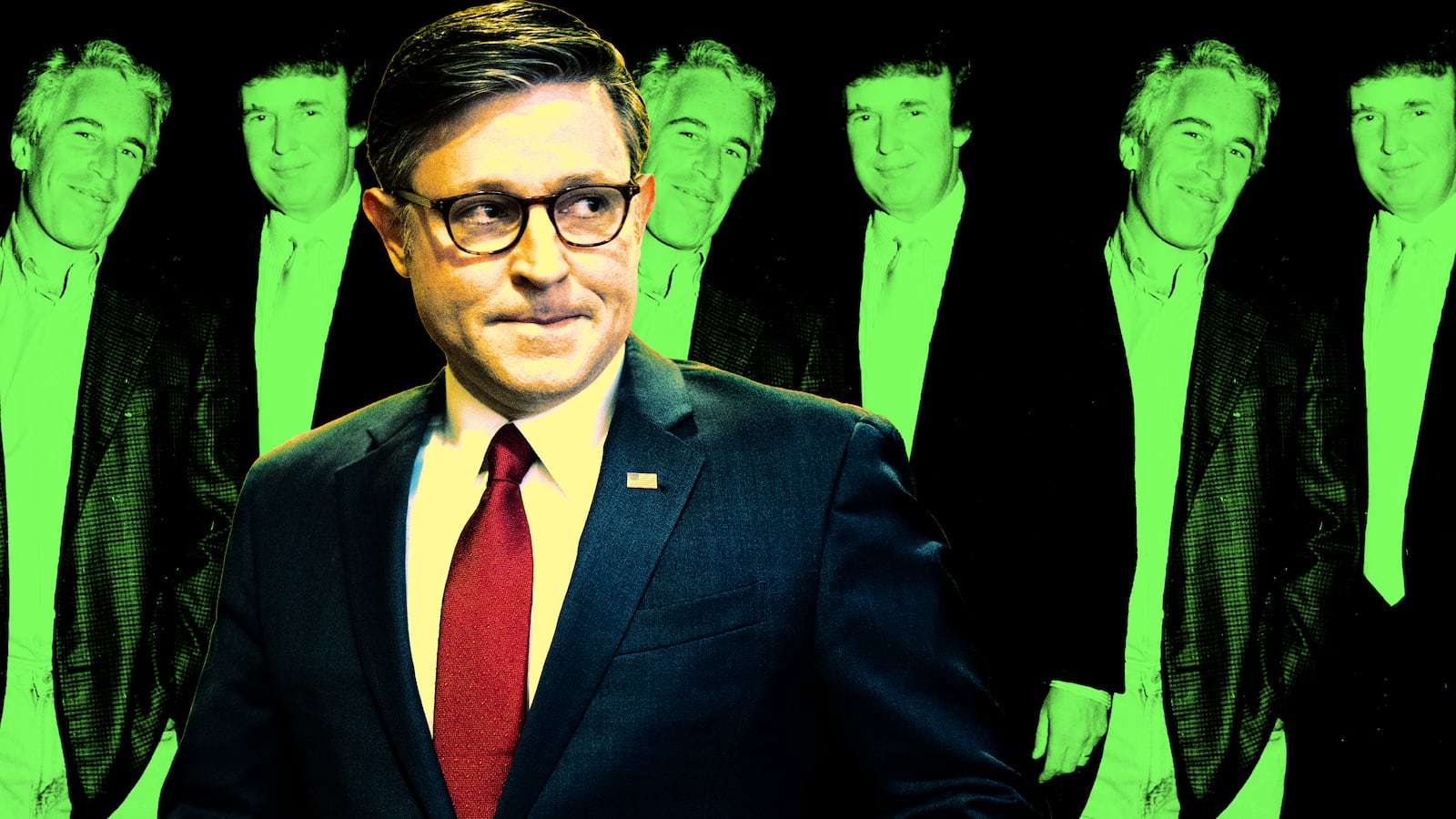 A photo illustration of House Speaker Mike Johnson, Donald Trump, and Jeffrey Epstein.