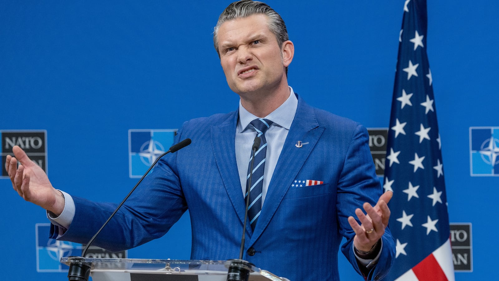 Secretary of Defence Pete Hegseth holds his closing press conference at the end of defense ministers' meetings at NATO headquarters on February 13, 2025 in Brussels, Belgium.