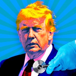 A photo illustration illo of Donald Trump and a stethoscope.