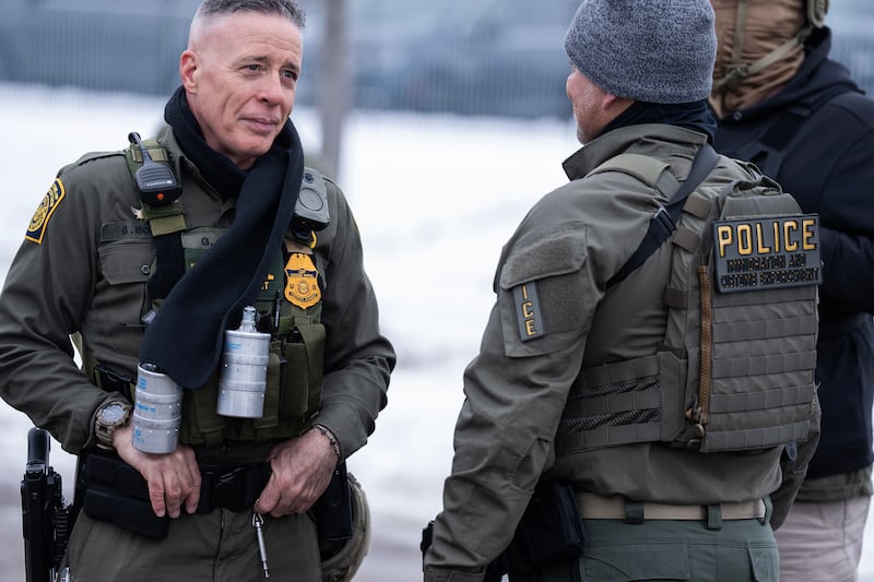MINNEAPOLIS, MN. - JANUARY 2026: Border Patrol official Gregory Bovino checks on agents near the the Whipple Federal Building at Fort Snellin in Minneapolis, Minn., on Thursday, January 8, 2026. On Wednesday, January 7, 2026, Renee Nicole Good was shot and killed by an Immigration and Customs Enforcement (ICE) agent during a confrontation between federal agents and protesters in south Minneapolis. Greg Bovino. (Photo by Richard Tsong-Taatarii/The Minnesota Star Tribune via Getty Images)